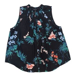 Banana Republic Sleeveless Pleated Neck Blouse Tropical Dark Floral Black Large